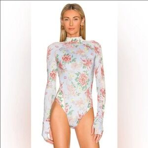 We Are HAH Gloves Off 1-Piece Swimsuit Floral Mock Neck Thumbhole Long Sleeve L